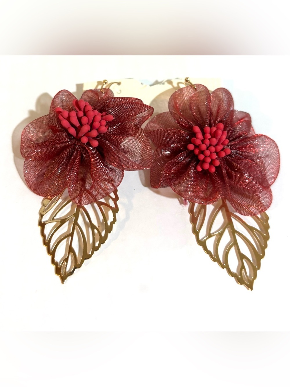 Burgundy Floral Statement Earrings with Gold Leaf Drop